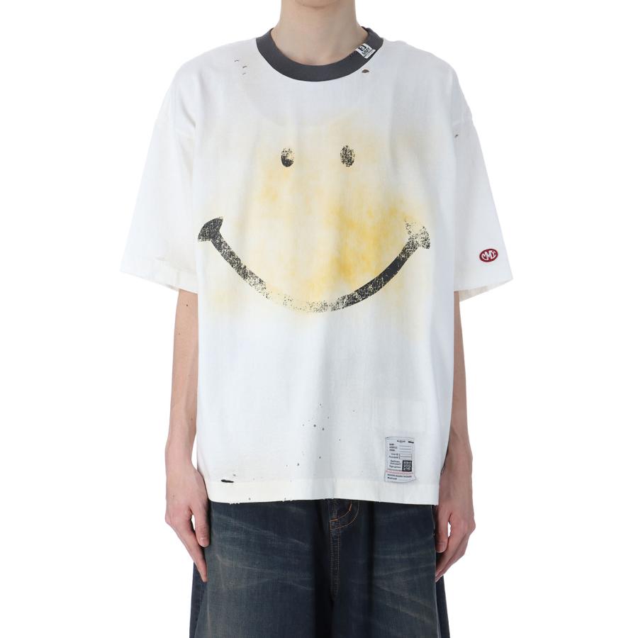 P10倍】SMILY FACE PRINTED DISTRESSED TEE - WHITE (J14TS762