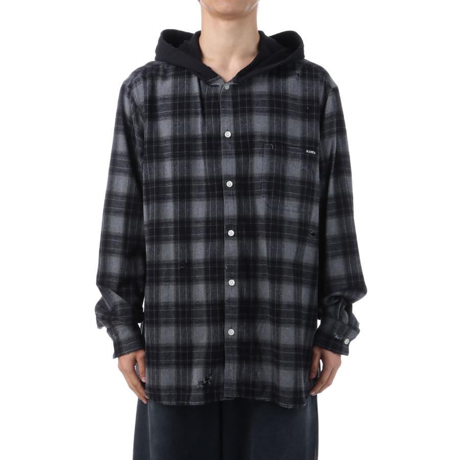 Distressed Hooded Checked Shirt - BLACK (G15SH055) KAMIYA(カミヤ) | 