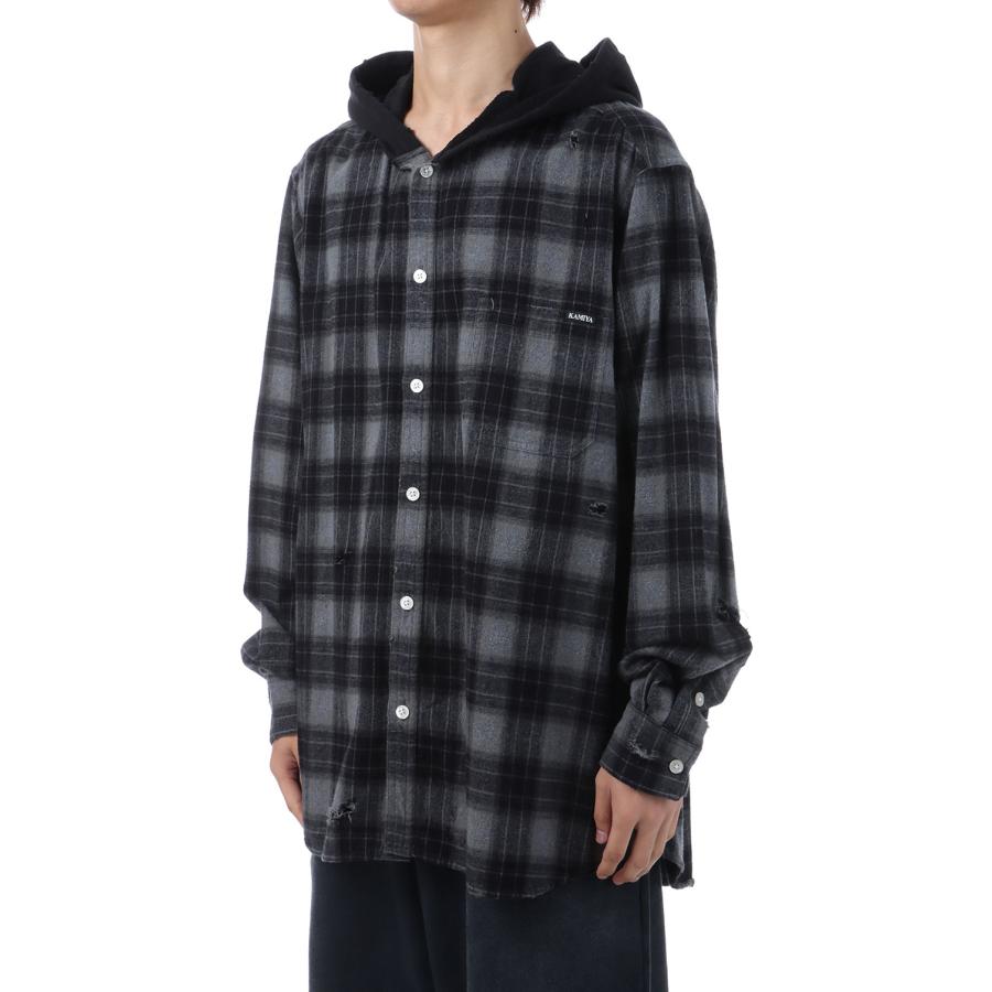 Distressed Hooded Checked Shirt - BLACK (G15SH055) KAMIYA(カミヤ) |  | 01