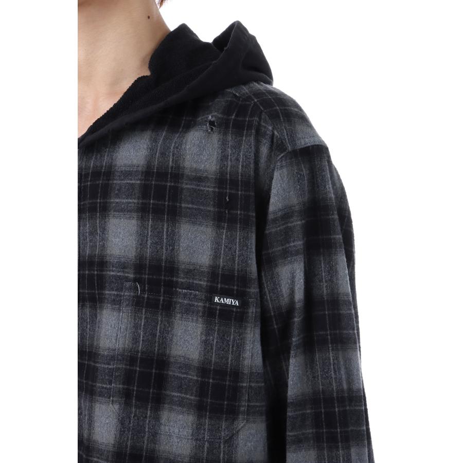 Distressed Hooded Checked Shirt - BLACK (G15SH055) KAMIYA(カミヤ) |  | 04