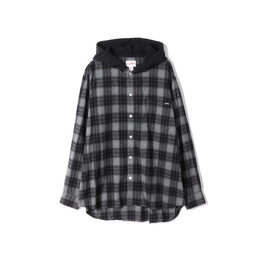 Distressed Hooded Checked Shirt - BLACK (G15SH055) KAMIYA(カミヤ) |  | 05