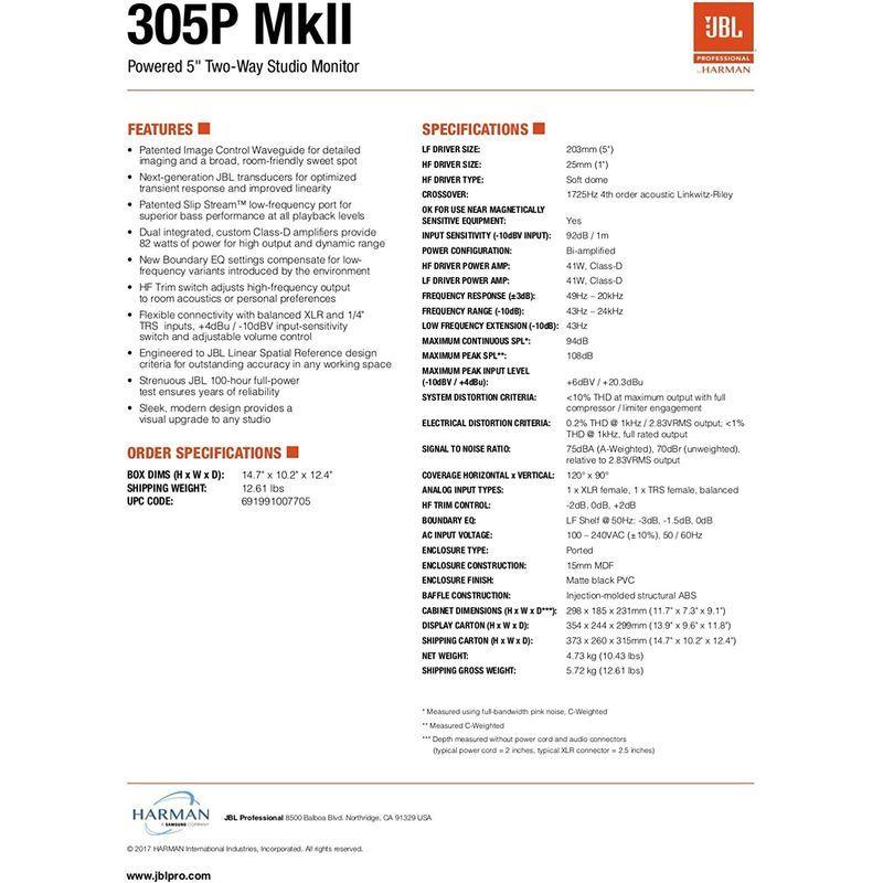 JBL PROFESSIONAL 305P MkII パワードモニタースピーカー 1本 JBL cm PROFESSIONAL 305P MkII パワードモニタースピーカー 1本