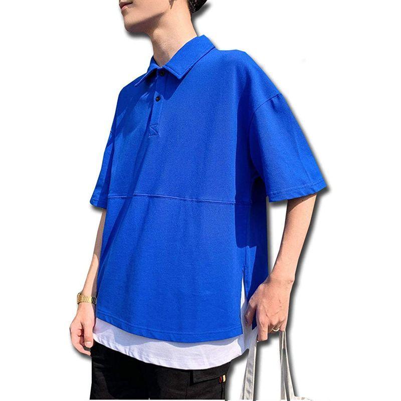 Bolso A34 ブルー Xxl 即納 最大半額 メンズ オープンカラー シャツ ポロシャツ ロング 風 ワイド フェイク カットソー しゃつ 重ね着