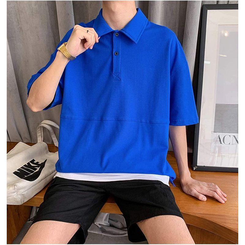 Bolso A34 ブルー Xxl 即納 最大半額 メンズ オープンカラー シャツ ポロシャツ ロング 風 ワイド フェイク カットソー しゃつ 重ね着