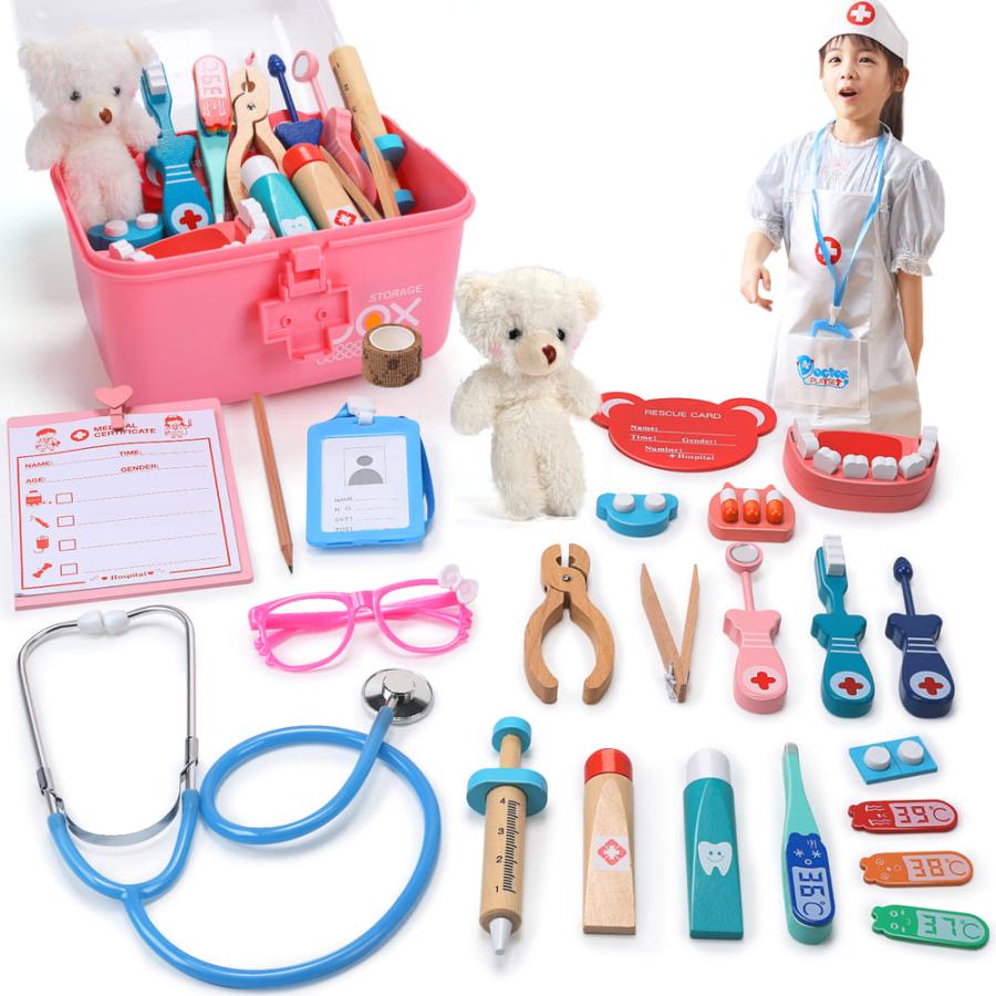 Cute Stone お医者さんセット 木製 おもちゃ おままごとセット 歯医者さんごっこ 44点セット  収納ケース付き  子供用 知育玩具 誕生日 クリスマスプレゼント | 