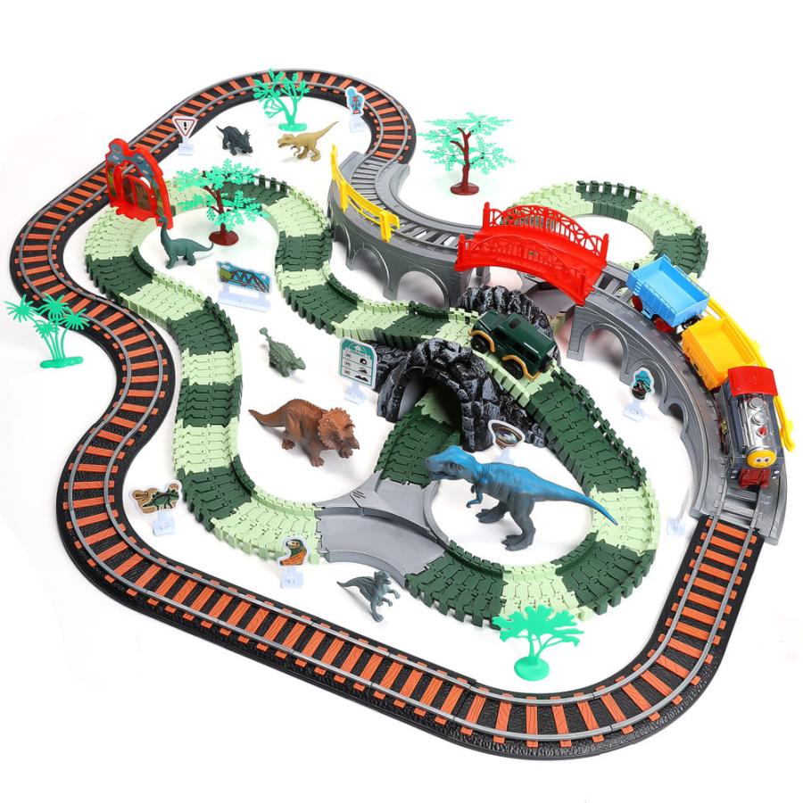 HOLYFUN 恐竜 おもちゃ 知育玩具 レールセット 大冒険  組み立て おもちゃ ミニカー 電車 電動車両付き 音効果 鉄道玩具  女の子 男の子 子供 誕生日プレゼント | 