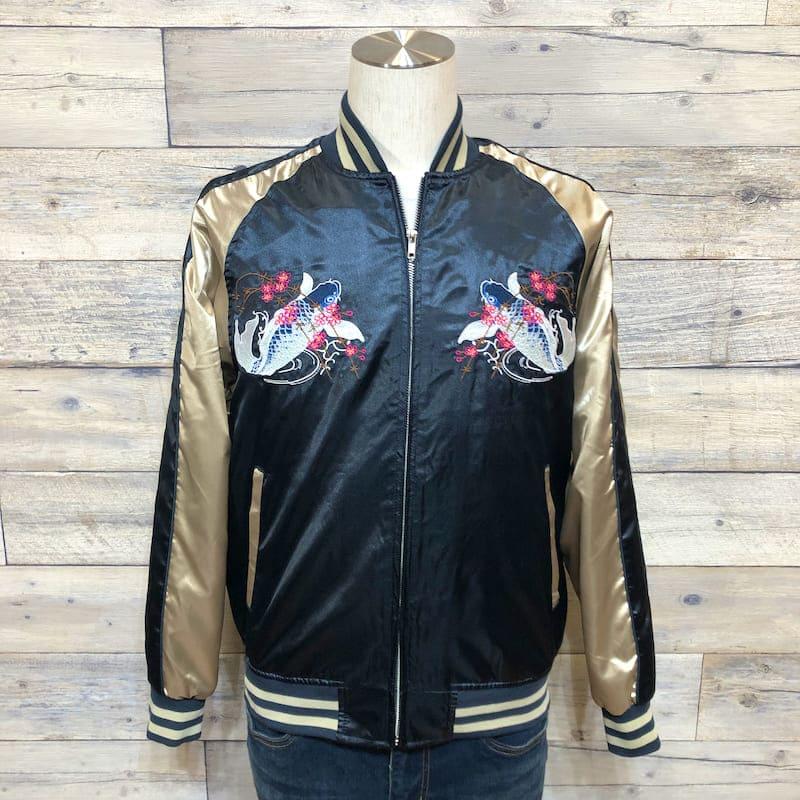 レア】一心如鏡スカジャンアメカジLL 青鯉龍ブルー