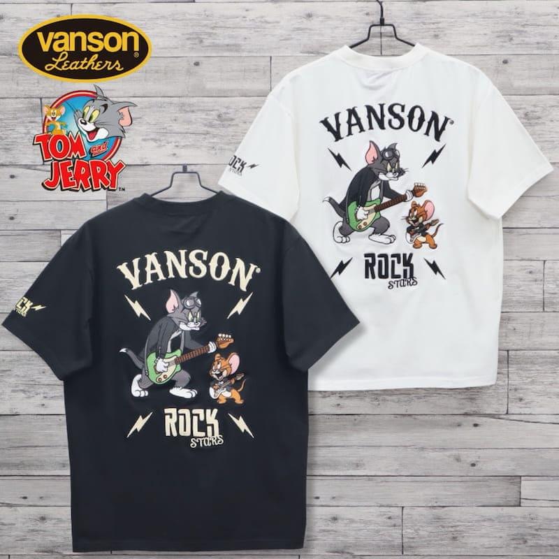 VANSON トムとジェリー 刺繍 Tシャツ ブラック VANSON（バンソン） 送料無料 メンズ トムとジェリー コラボ 半袖 T