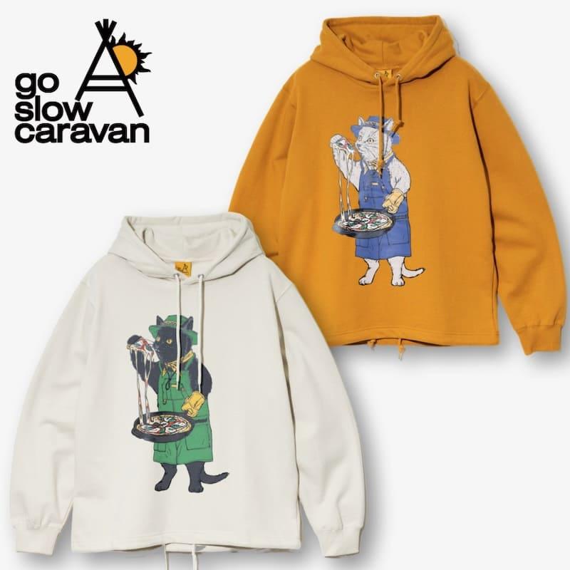【送料無料】ゴースローキャラバン goslowcaravan 長袖 裏毛 パーカー フーディー プルオーバー ピザ 猫 ネコ ねこ キャンパー猫 キャンプ猫 ユニセックス メンズ レディース アイボリー イエロー タン go slow caravan（ゴースローキャラバン） 送料無料 長袖 裏毛