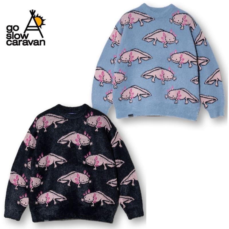 【送料無料】ゴースローキャラバン go slow caravan ウーパールーパー ジャガード シャギー ニット セーター 長袖 総柄 ゆったり ビッグシルエット オーバーサイズ ユニセックス メンズ レディース 青 ライトブルー 黒 ブラック go slow caravan（ゴースローキャラバン） 送料無料 ウーパールーパー
