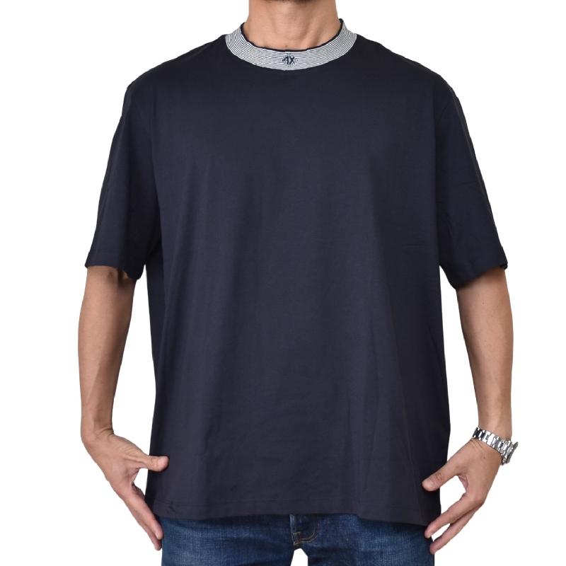 大きいサイズ メンズ アルマーニエクスチェンジ A/X ARMANI EXCHANGE クルーネック 半袖Ｔシャツ ストライプネック 襟ロゴ ダークネイビー REGULAR FIT + XXL | ARMANI EXCHANGE | 01