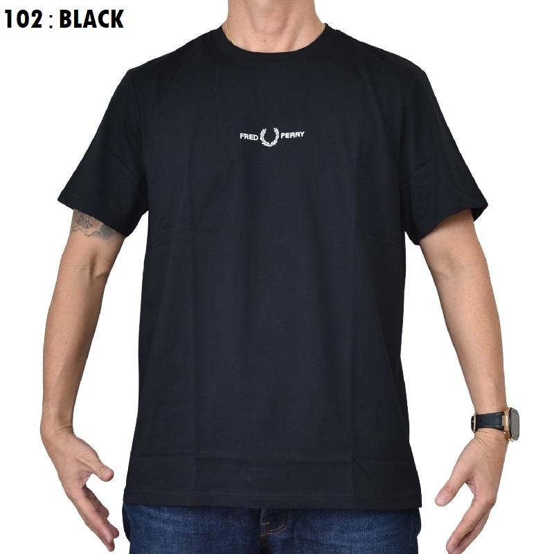 FRED PERRY　Tシャツ　XL　ブラック　刺繍ロゴ　総柄 FRED PERRY（フレッドペリー） 大きいサイズ メンズ 半袖Tシャツ ロゴ