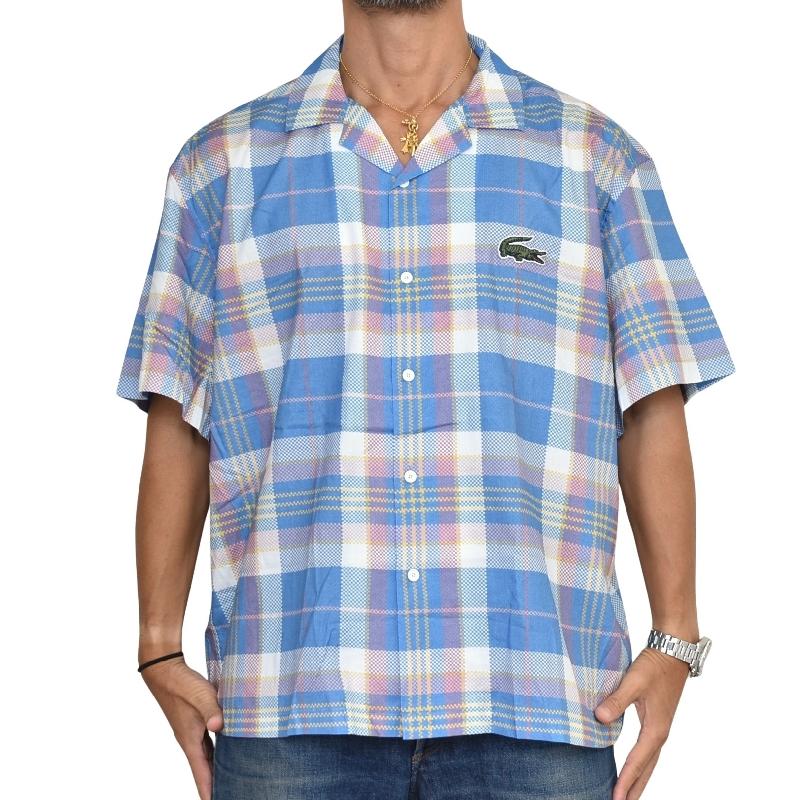 大きいサイズ メンズ ラコステ LACOSTE 半袖シャツ チェック柄 ワンポイント バックプリント Short Sleeve Organic Cotton Check Shirt 45 XXL | LACOSTE | 01