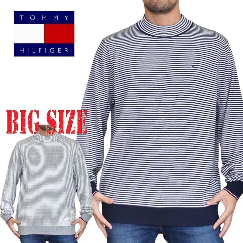 SALE 大きいサイズメンズ TOMMY HILFIGER トミーヒルフィガーハイネック セーター ニット カシミア混 ボーダー柄 長袖 ワンポイント XL XXL XXXL｜deff