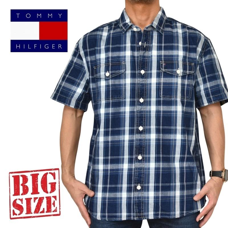大きいサイズメンズ トミーヒルフィガー TOMMY HILFIGER 半袖 シャツ インディゴ チェック デニムシャツ Indigo Plaid Short Sleeve Shirt XL | TOMMY HILFIGER