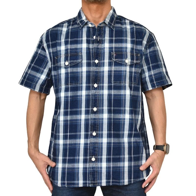 大きいサイズメンズ トミーヒルフィガー TOMMY HILFIGER 半袖 シャツ インディゴ チェック デニムシャツ Indigo Plaid Short Sleeve Shirt XL | TOMMY HILFIGER | 01