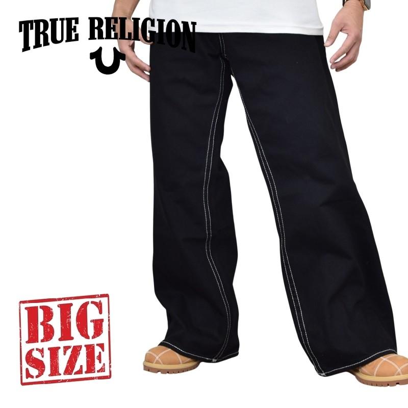 大きいサイズ メンズ TRUE RELIGION トゥルーレリジョン VINNY SUPER T FLATLOCK ULTRA BAGGY JEAN 34 ブラックデニムパンツ ジーンズ ストリート 40インチ | TRUE RELIGION