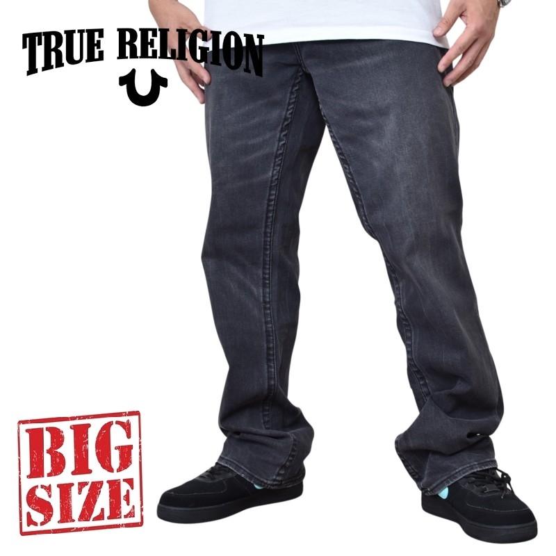 大きいサイズ メンズ TRUE RELIGION トゥルーレリジョン 34 ブラックデニムパンツ ジーンズ ペイズリー アップリケ パッチ 黒 リラックスストレート 42インチ | TRUE RELIGION