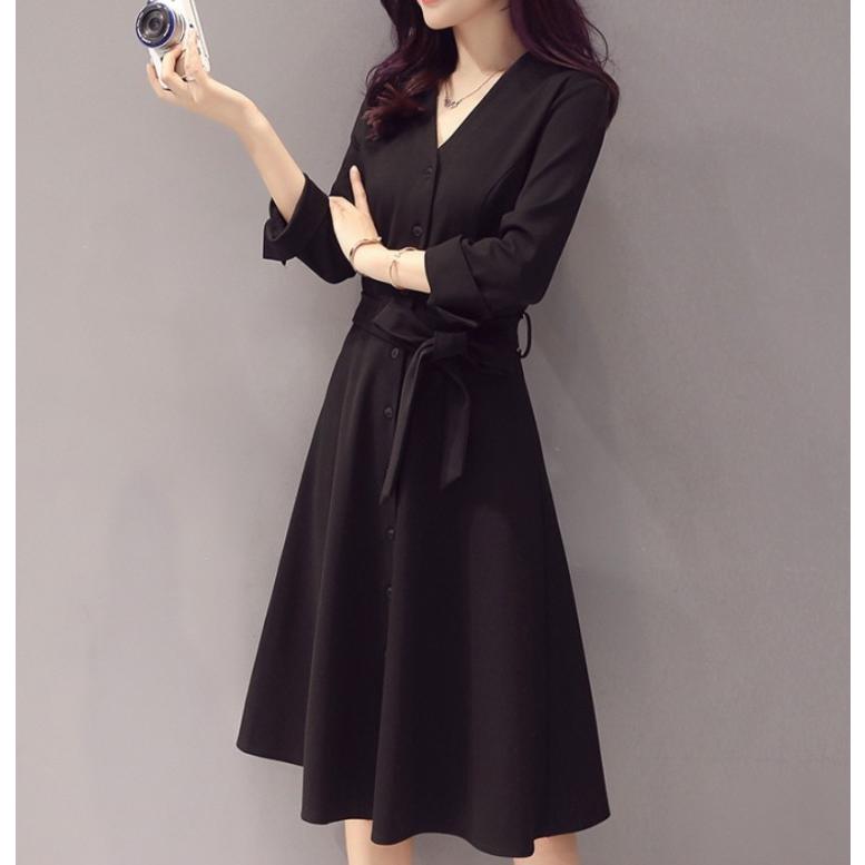 ワンピース Aライン 膝丈 Vネック 長袖 フレアスカート ウエストリボン ハイウエスト ワンピ きれいめ 黒 レディース春 春夏 春服 夏 Fashion Degage 通販 Yahoo ショッピング