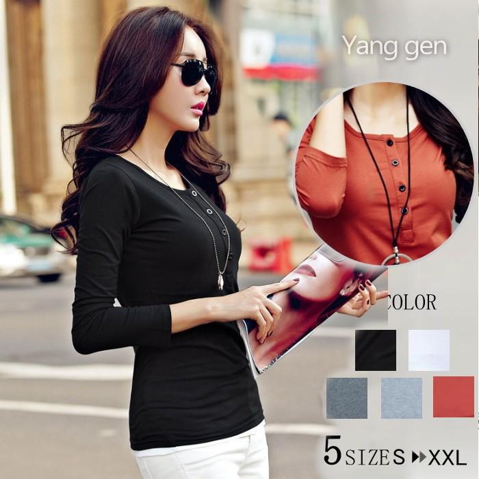 50 Off Tシャツ 長袖 胸元ボタン コットン 長袖tシャツ タイト スリム トップス シャツ 丸首 シンプル 無地 レディース e Fashion Degage 通販 Yahoo ショッピング