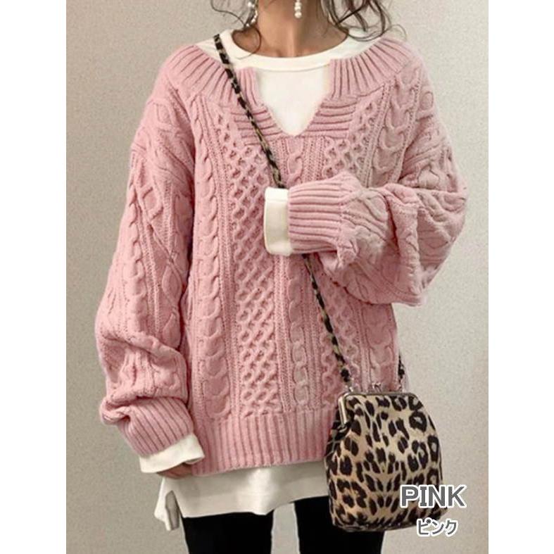 ニットセーター レディース キーネック ニット ケーブル編み プル