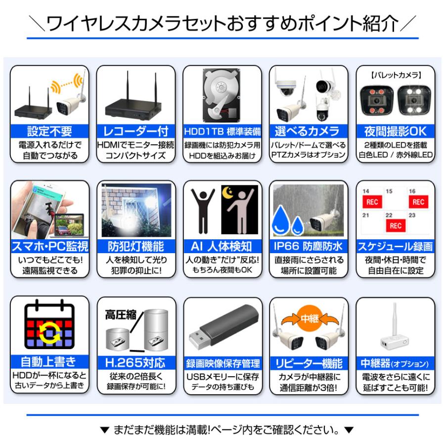 防犯カメラ 屋外 監視カメラ セット 300万画素 家庭用 wifi ワイヤレス 6台 録画機付 モニターなし スマホ遠隔監視 センサーライト リピーター機能 |  | 01