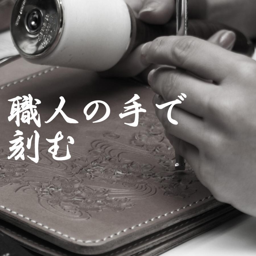 バイク 長財布 彫刻 和柄 花山 本革 風神雷神 タンの画像