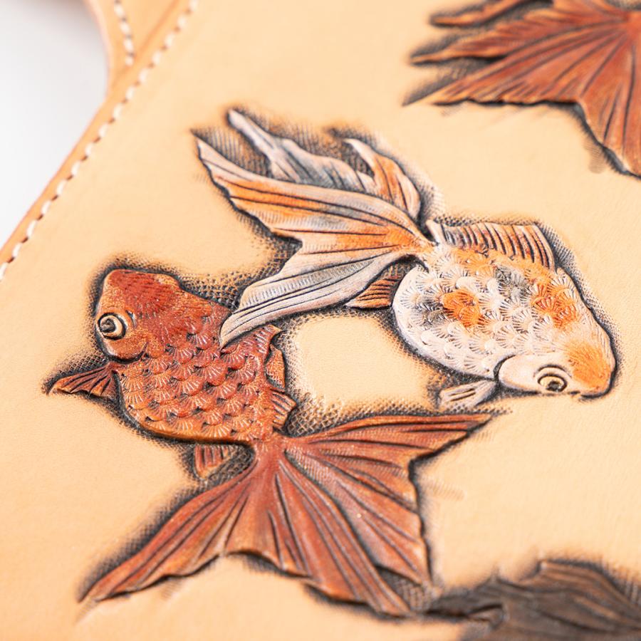 バイク 長財布 彫刻 和柄 花山 本革 寿金魚 タンの画像
