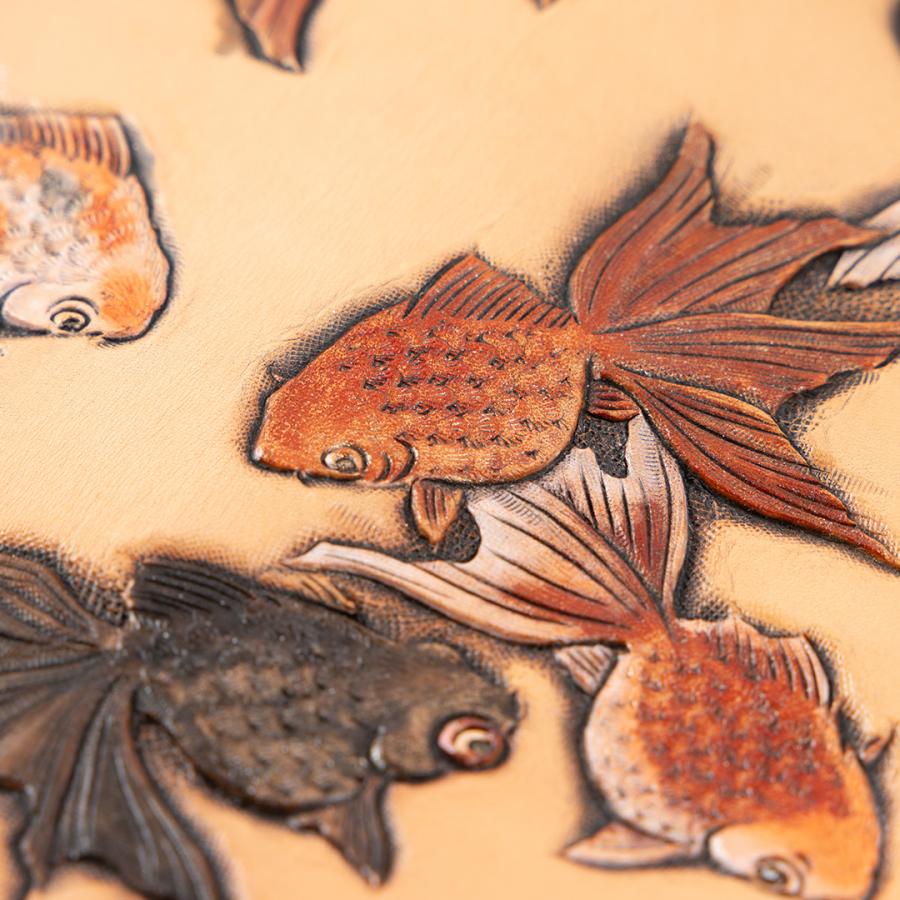 バイク 長財布 彫刻 和柄 花山 本革 寿金魚 タンの画像