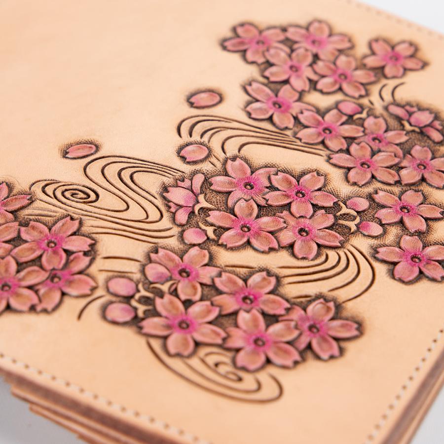 レザー長財布 花模様の彫刻 花山 バイク 長財布 彫刻 和柄 本革 桜 タン : デグナーヤフー