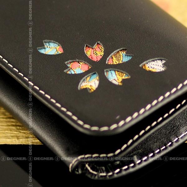 花山　桜刺繍の黒色レザー長財布 革財布 黒 レザーウォレット ブラック 財布 和柄 花山 WV-12K 都