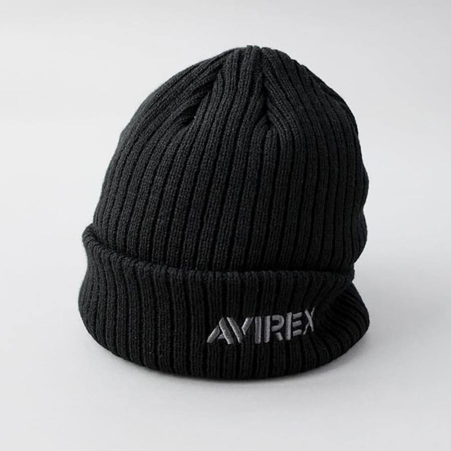 黒いリブ編みニット帽 エンブレム付き AVIREX アヴィレックス 別注 ミリタリー タグ リブ編み ニットキャップ
