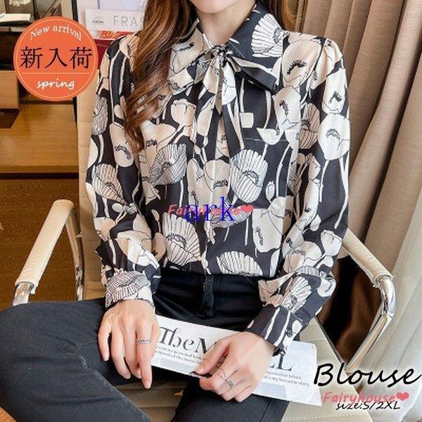 ブラウス レディース 40代 オシャレブラウス 春秋新作 長袖ブラウス リボンネック きれいめ花柄プリントブラウス 韓国風トップス 上品 通勤ol ゆったりシャツ 正規逆輸入品