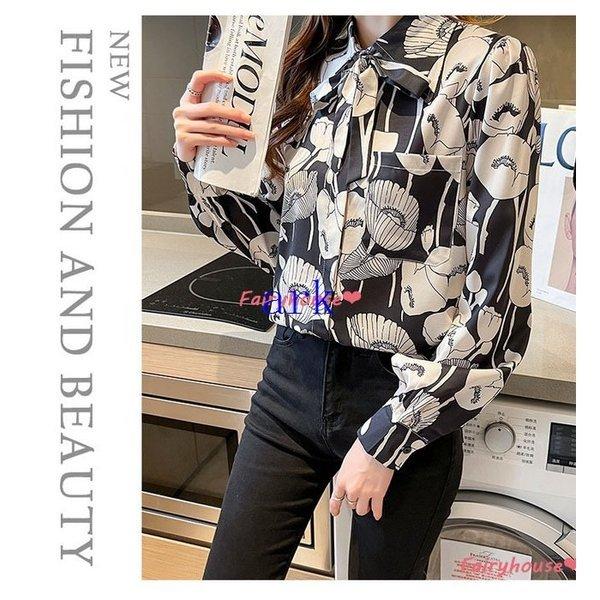 ブラウス レディース 40代 オシャレブラウス 春秋新作 長袖ブラウス リボンネック きれいめ花柄プリントブラウス 韓国風トップス 上品 通勤ol ゆったりシャツ 正規逆輸入品