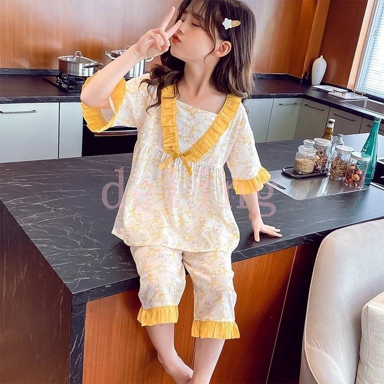 子供パジャマ 夏 半袖 キッズパジャマ お姫様 姫系 可愛い キッズルームウエア きれいめ 綿パジャマ おしゃれ カジュアル 寝巻き 部屋着 高級感
