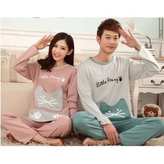 夫婦ルームウェア新婚お祝いパジャマ部屋着ペアルック レディース 恋人お揃いメンズ長袖ｔシャツ パンツ長ズボン レディース韓国風クルーネック可愛い猫ニャンコ 一番の