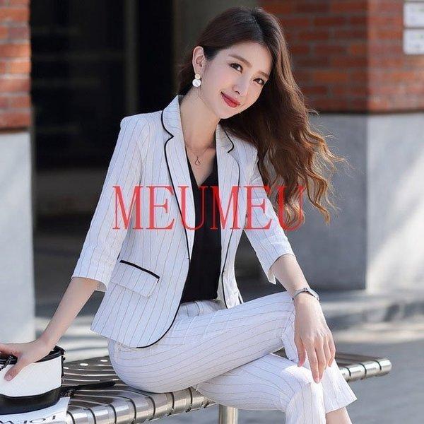 7069円 後払い手数料無料 ストライプ スーツ レディース 夏 細身 着痩せ フォーマル パンツスーツ 7分袖 テーラードジャケット サマー ジャケット ホワイト ブラック 通勤 Ol