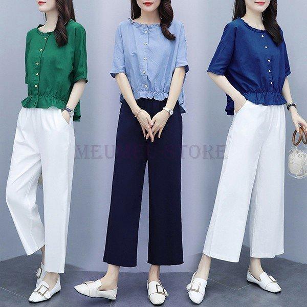 セットアップレディース夏カジュアル40代30代韓国風上下セットtシャツ半袖綿麻ガウチョパンツきれいめ大きいサイズおしゃれ着痩せ通勤ol Kcjiyghkky ファッション Www Aisom Org