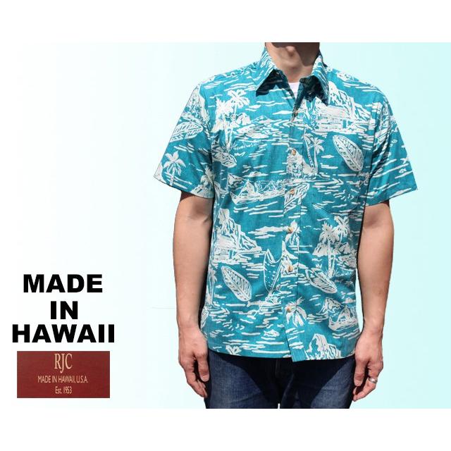 品質満点！ RJC/ロバート・J・クランシー アロハシャツ ハワイ製  リバースプリント ブルーグリーン 半袖