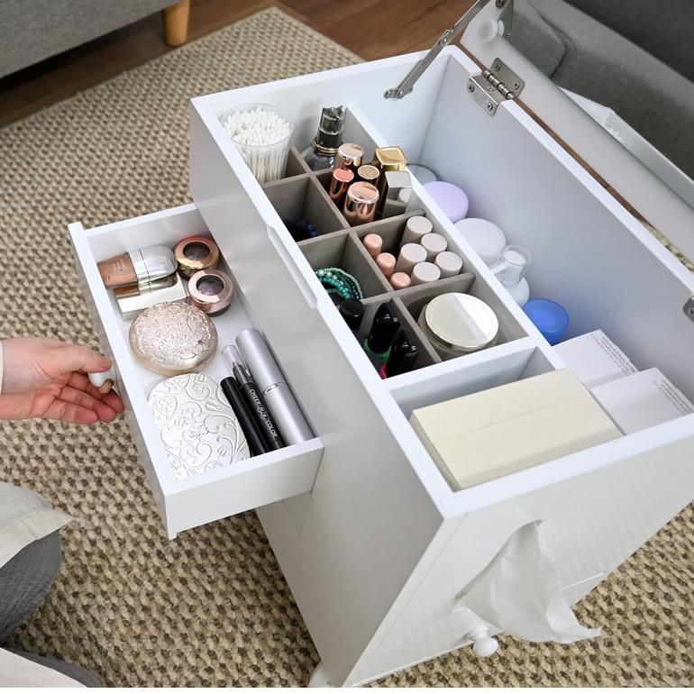 ほぼ完成品 メイクワゴン メイクボックス ドレッサー 鏡台 ロータイプ スリム コンパクト キャスター付き 引き出し付き 収納 大型ミラー |  | 06