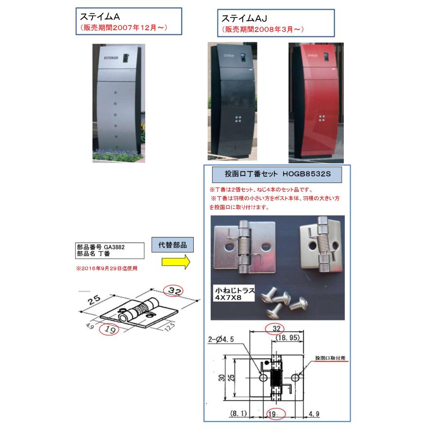 HOGB8532S 三協アルミ ポスト投函口丁番 (丁番2個入 + ビス4本入り) 三