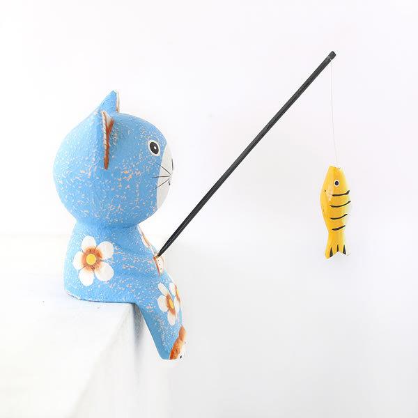 アニマル人形 BAL 釣りネコ Lサイズ パステル 魚釣り CAT お座り 木製