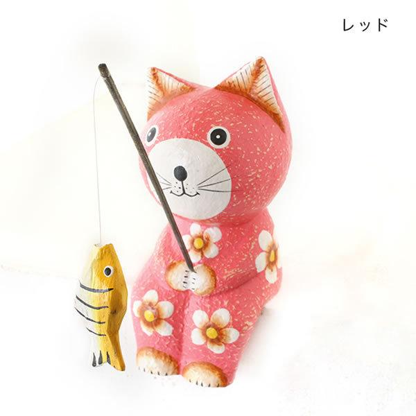 アニマル人形 BAL 釣りネコ Lサイズ パステル 魚釣り CAT お座り 木製