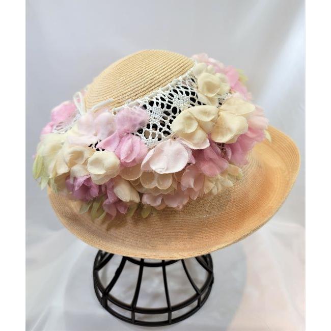 新品】平田暁夫 Akio Hirata ピンク×ベージュ お花装飾 可憐な お帽子 