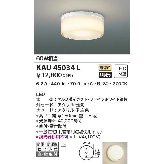 コイズミ照明 KAU45034L 小型灯/60W相当/防雨防湿型/乳白アクリル/非調