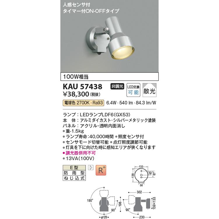 コイズミ照明 KAU57438 屋外スポットライト/100W相当防雨型/アルミ