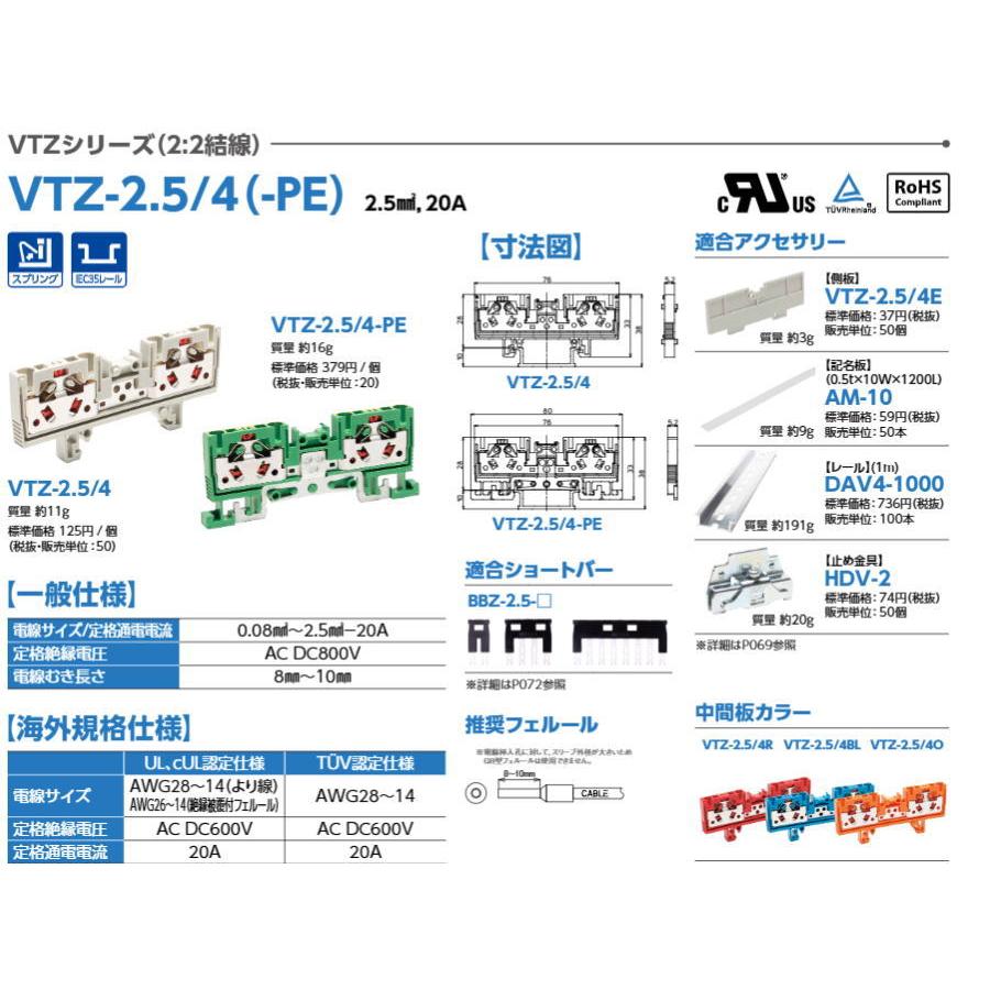 東洋技研 【 VTZ-2.5/4 】VTZシリーズ 端子台 / レール取付型 スプリングロック式 一般端子台【1個単位】 : 電せつNねっと ...