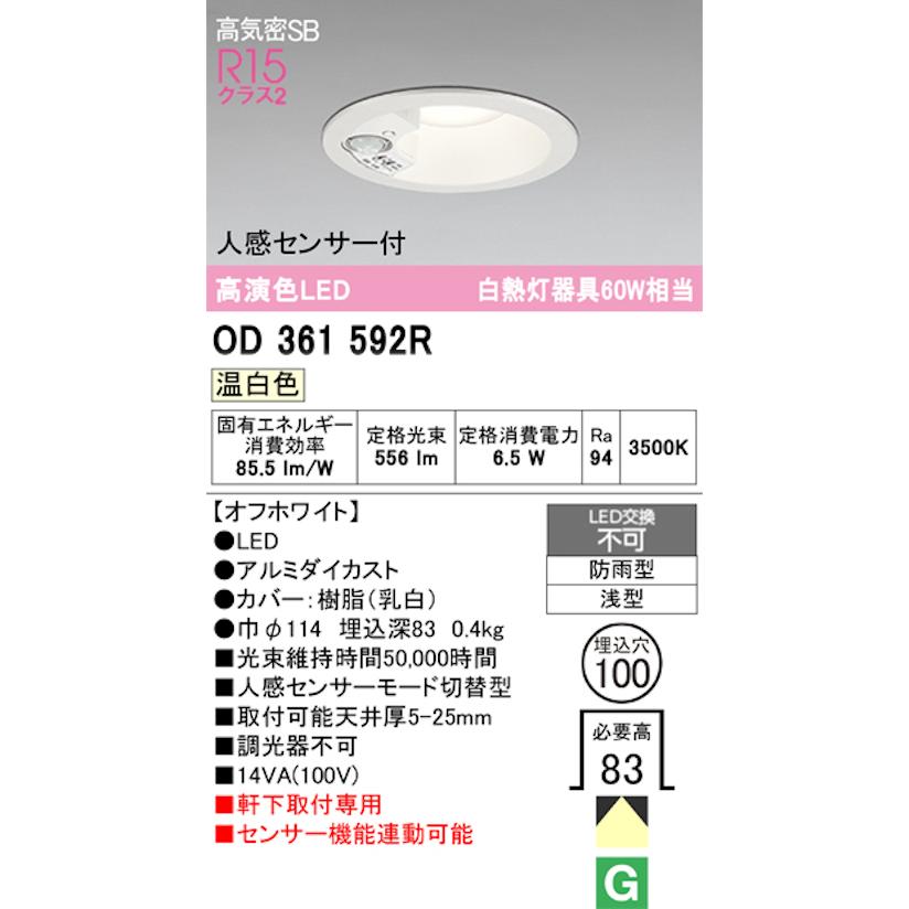 オーデリック OD361592R 軒下用LEDダウンライト防雨型 人感センサーモード切替型 白熱灯器具60W相当 温白色 オフホワイト_1