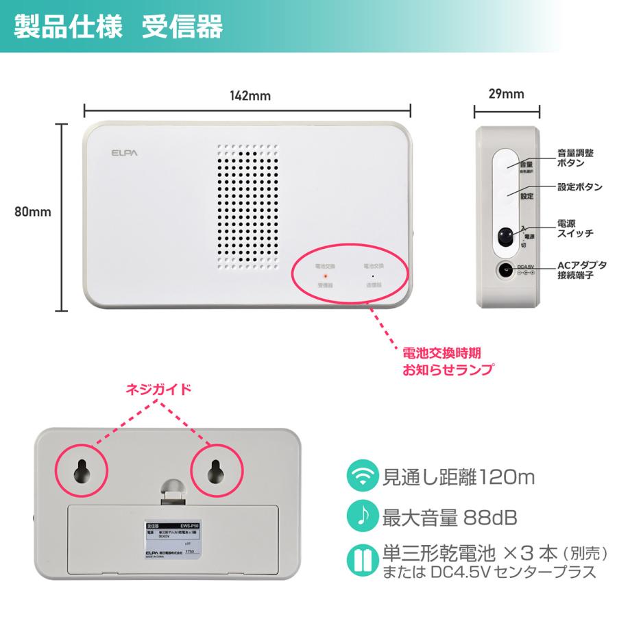 エルパ ワイヤレスチャイム 受信機ホワイト ドア開閉センサー セット EWS-S5034 / ワイヤレスチャイム EWSシリーズ｜dentendo｜06