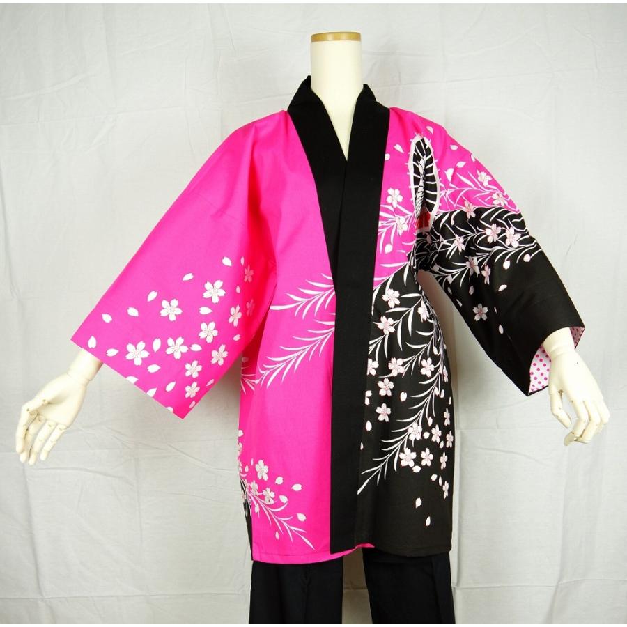 法被 半纏 半被 半天 袢天 (ピンク/黒) 綿100% 傘に桜 祭り 衣装 大祭